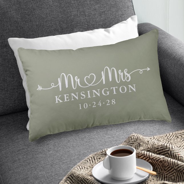 Sage Green Script Typography Personalized Mr Mrs Accent Pillow (Sage Green Script Typography Personalized Mr Mrs Accent Pillow)