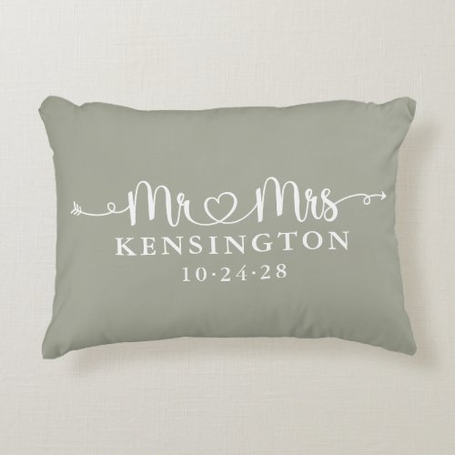 Sage Green Script Typography Personalized Mr Mrs Accent Pillow