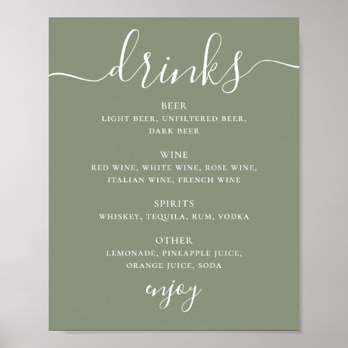 Sage green script wedding alcohol drinks bar menu poster