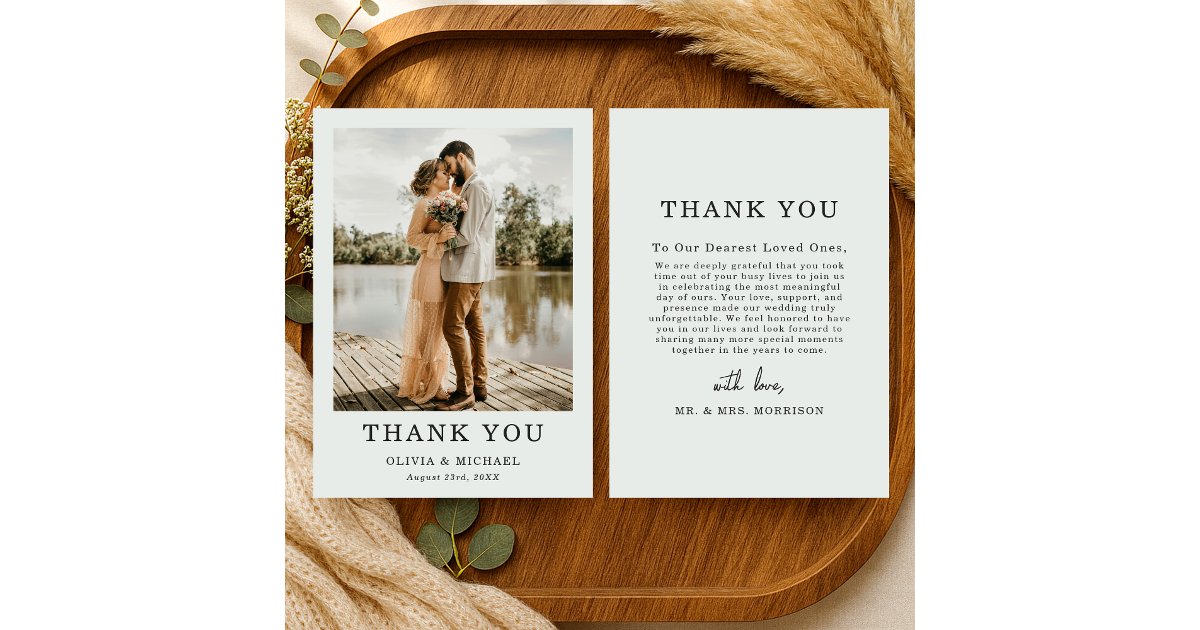 Sage Green Script Wedding Photo Thank You Card | Zazzle