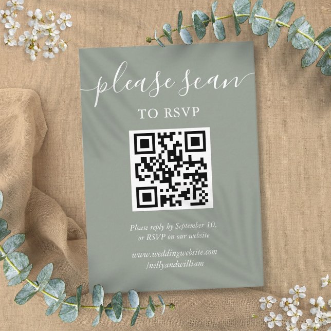 Sage Green Script Wedding RSVP QR Code Enclosure Card (Sage Green Script Wedding RSVP QR Code Enclosure Card)