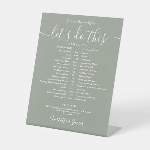 Sage Green Script Wedding Schedule Timeline Pedestal Sign