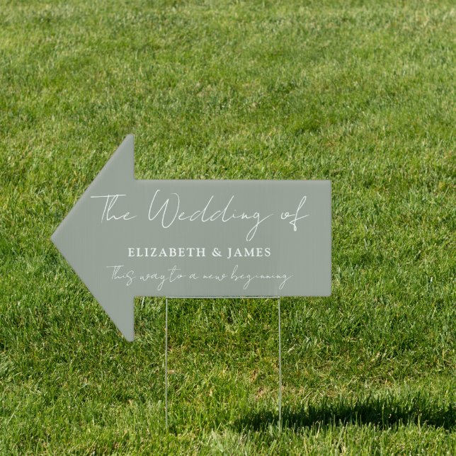 Sage Green Script Wedding This Way Arrow Sign (Insitu)