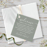 Sage Green Script Wedding Welcome Gift Basket Bag  Favor Tags<br><div class="desc">Featuring signature style names,  this elegant sage green and white tag can be personalized with your special thank you information in chic white lettering. Designed by Thisisnotme©</div>