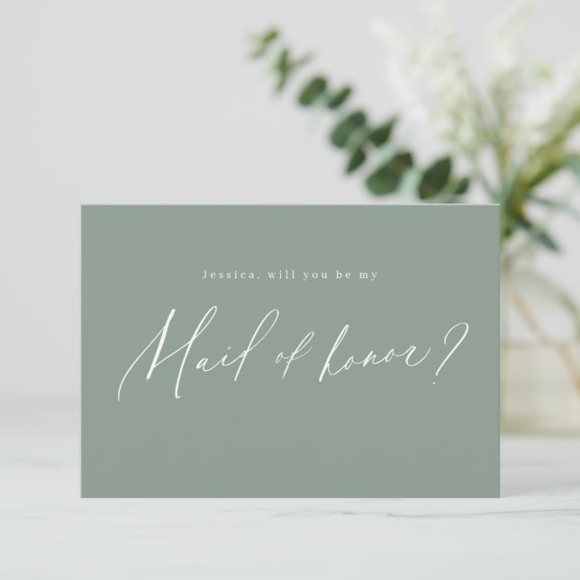Sage green script will you be my maid of honor invitation (Standing Front)