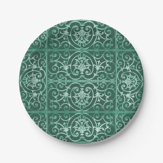 Sage green scrollwork pattern paper plates (Front)