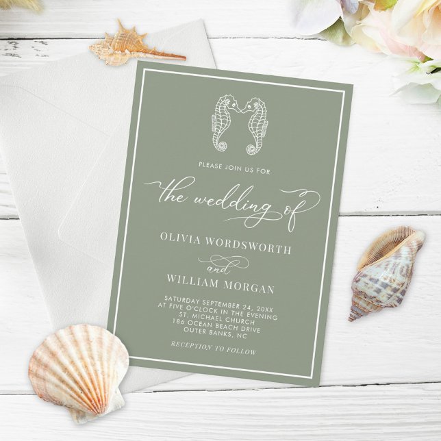 Sage Green Seahorse Coastal Beach Script Wedding Invitation (Creator Uploaded)