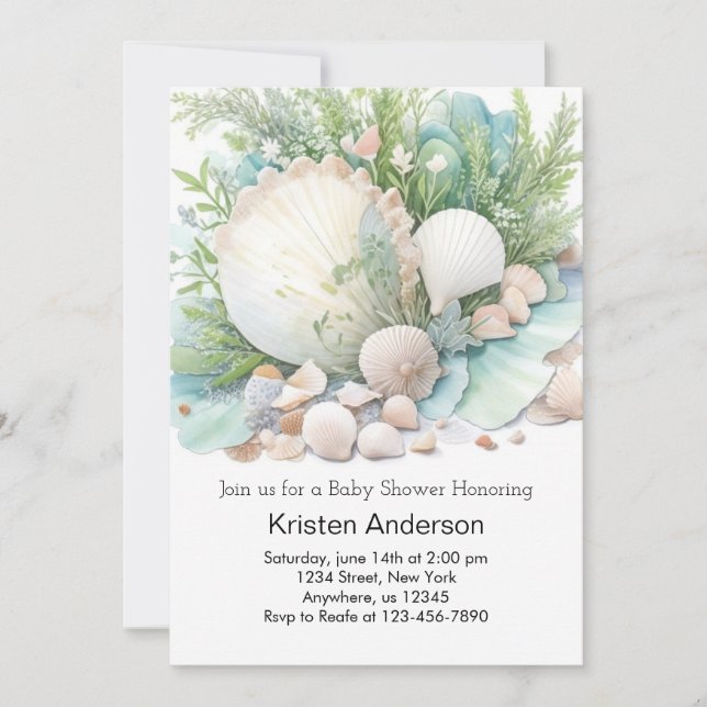 Sage Green Seashell Adventure Awaits Baby Shower Invitation (Front)
