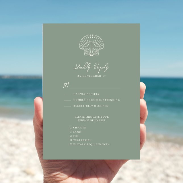 Sage Green Seashell Beach Destination Wedding RSVP Card (Creator Uploaded)