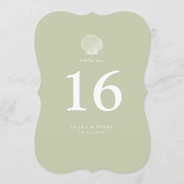 Sage Green Seashell Bracket Die-Cut Table Number (Front)