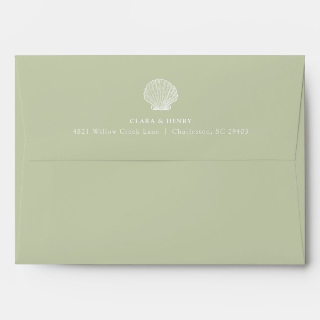 Sage Green Seashell Coastal Wedding Envelope (Back (Top Flap))