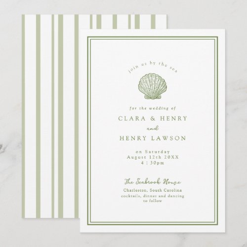 Sage Green Seashell Coastal Wedding Invitation