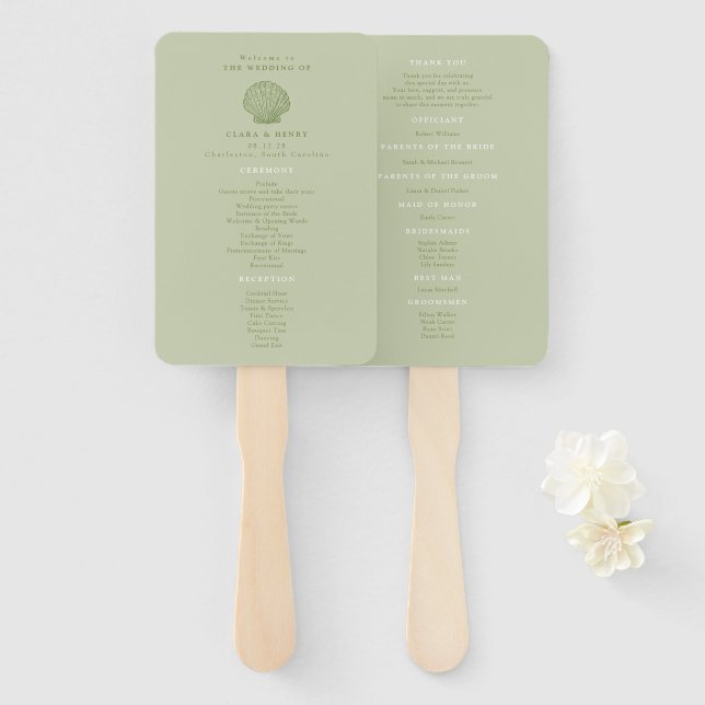Sage Green Seashell Coastal Wedding Program Hand Fan (Front and Back)