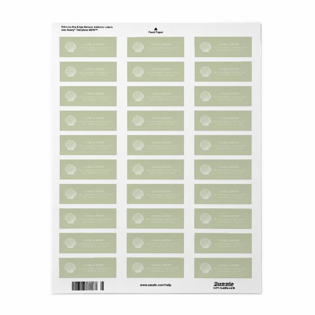 Sage Green Seashell Coastal Wedding Return Address Label (Full Sheet)