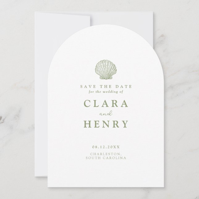 Sage Green Seashell Coastal Wedding Save the Date Invitation (Front)