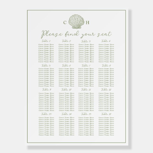 Sage Green Seashell Coastal Wedding Seating Chart Foam Board (Front)