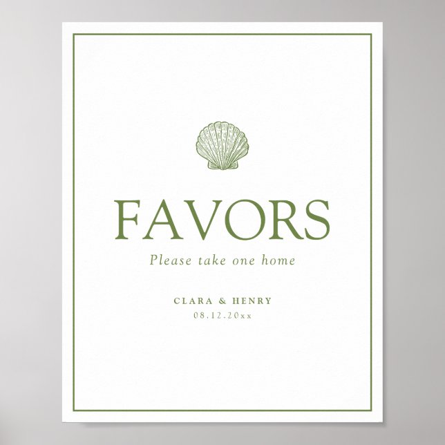 Sage Green Seashell Wedding Favors Table Sign (Front)