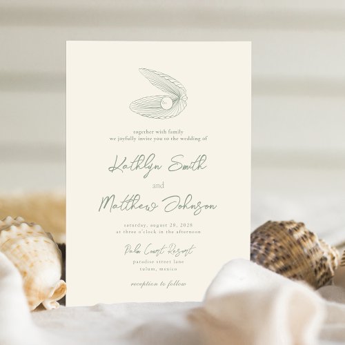 Sage Green Shell Beach Ocean Destination Wedding Invitation