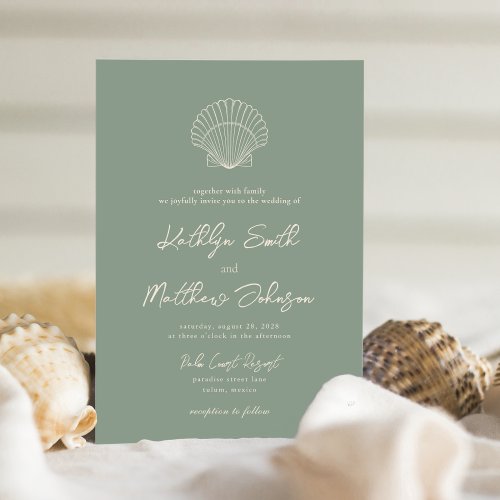 Sage Green Shell Beach Ocean Destination Wedding Invitation