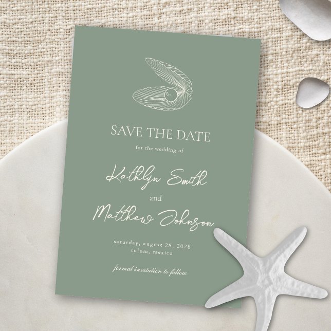 Sage Green Shell Beach Ocean Destination Wedding Save The Date (Creator Uploaded)