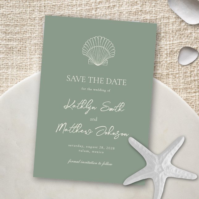 Sage Green Shell Beach Ocean Destination Wedding Save The Date (Creator Uploaded)