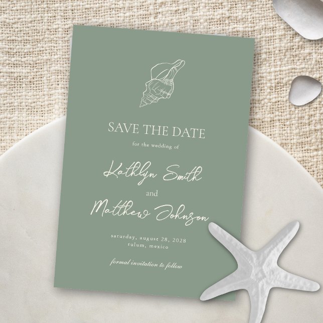 Sage Green Shell Beach Ocean Destination Wedding Save The Date (Creator Uploaded)