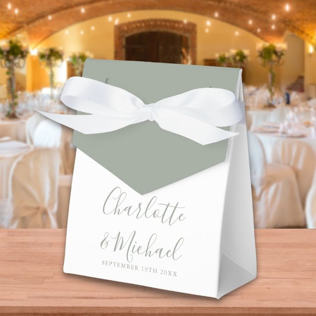 Sage Green Signature Script Elegant Wedding Favor Boxes (Creator Uploaded)
