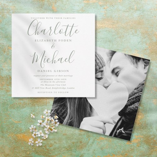 Sage Green Signature Script Photo Square Wedding  Invitation