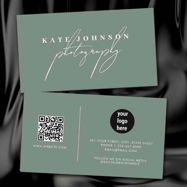 Sage Green Signature Script QR Code Social Media   Business Card (Sage Green Signature Script QR Code Social Media Business Card)