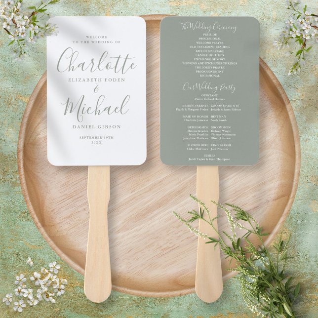 Sage Green Signature Script Wedding Program Hand Fan (Creator Uploaded)