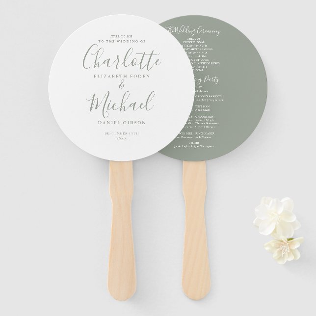 Sage Green Signature Script Wedding Program Hand Fan (Front and Back)