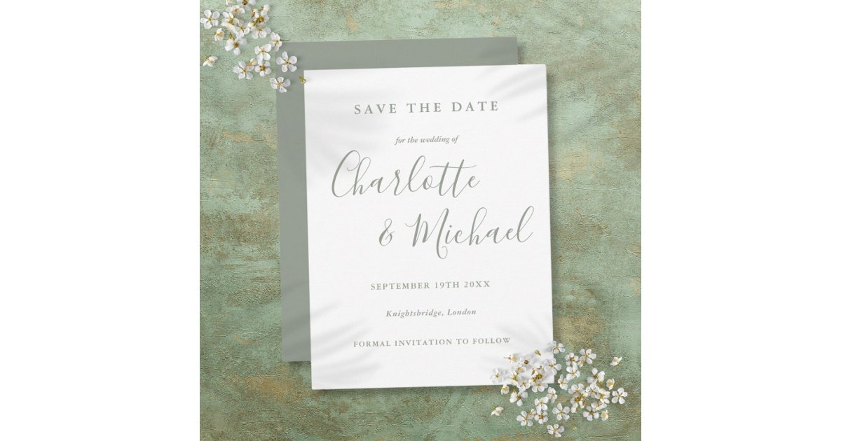 Sage Green Signature Wedding Save The Date Postcard