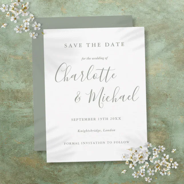 Sage Green Signature Wedding Save The Date Postcard