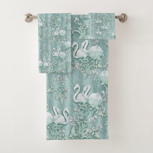 Sage Green Silk Drapes & Flamingos Flowers Bath Towel Set (Insitu)