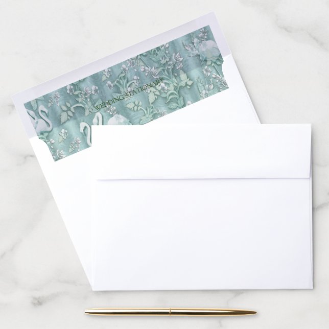 Sage green silk drapes & flamingos flowers envelope liner (Desk)