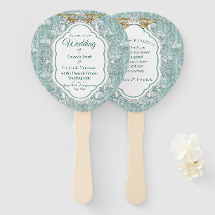 Sage green silk drapes & flamingos flowers hand fan