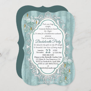Sage green silk drapes & flamingos flowers invitation