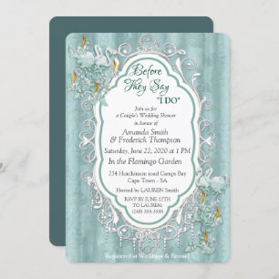 Sage green silk drapes & flamingos flowers invitation