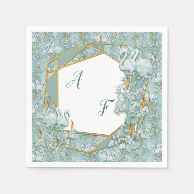 Sage green silk drapes & flamingos flowers napkins (Front)