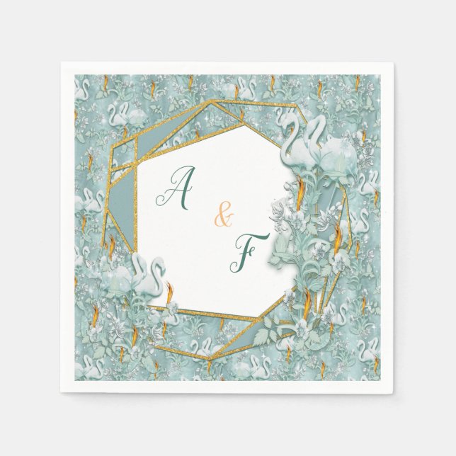 Sage green silk drapes & flamingos flowers napkins (Front)