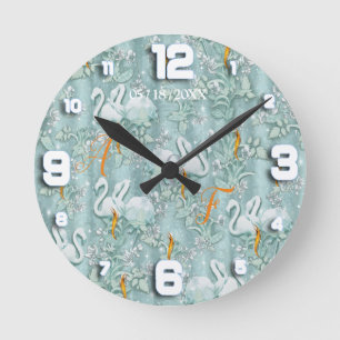 Sage green silk drapes & flamingos flowers round clock