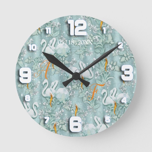 Sage green silk drapes & flamingos flowers round clock (Front)