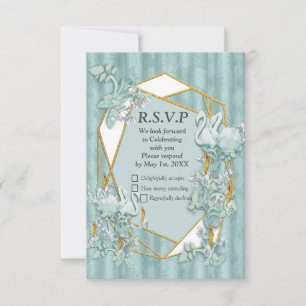 Sage Green silk & gold, white flamingo, sparkles RSVP Card