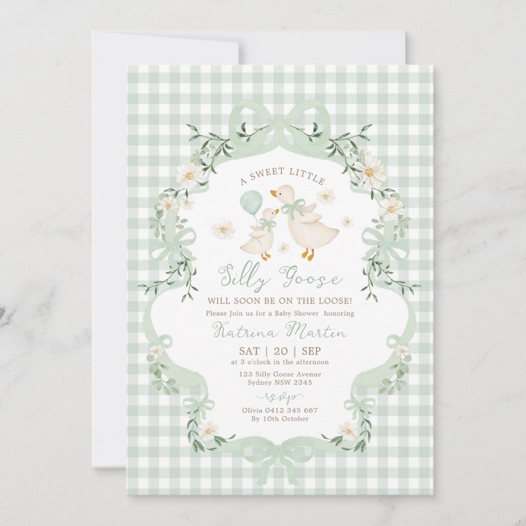 Sage Green Silly Goose Gender Neutral Baby Shower Invitation