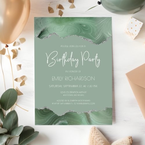 Sage Green Silver Agate Any Year Birthday Invitation