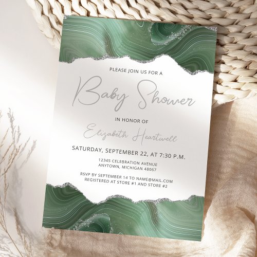 Sage Green Silver Agate Baby Shower Invitation