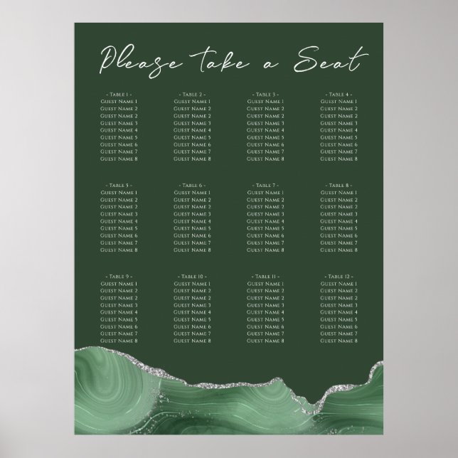 Sage Green Silver Agate Wedding Seating Chart  (Front)