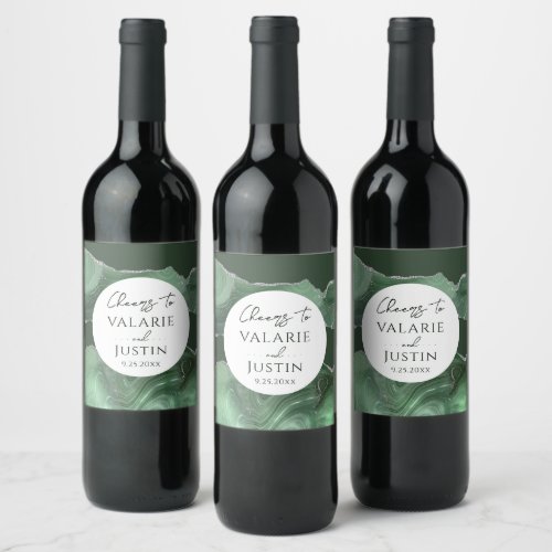 Sage Green Silver Agate Wedding Wine Label