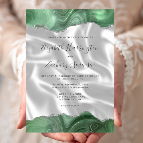 Sage Green Silver Agate White Silk Wedding Invitation