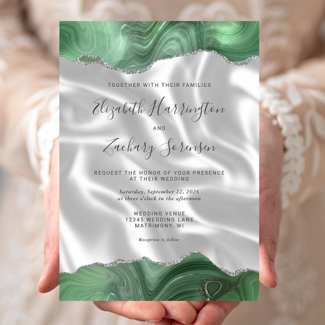 Sage Green Silver Agate White Silk Wedding Invitation (Creator Uploaded)